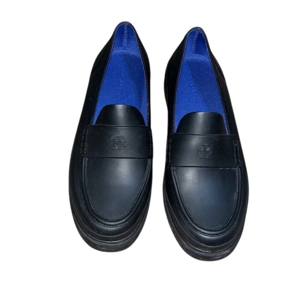 Tory Burch Rain Loafers Waterproof Rubber Logo Shoes Black 10